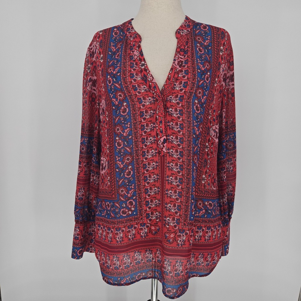 Kut From The Kloth Red Blue Floral Boho Tunic Blouse Open Slit Sleeves Top Large